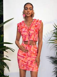 LASSALLE Blusa corta con diseño estampado todo sobre de malla, con volantes y cierre delantero con lazo, para mujer, para verano, vacaciones, salir, festival