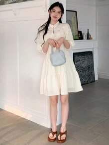 DAZY 女士泡泡袖下摆立领荷叶边连衣裙，秋季长袖连衣裙 - 白色 - 查看 6