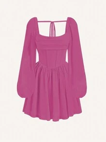 SHEIN Unity Vestido De Manga De Linterna De Color Sólido - Rosa Fucsia - Ver 1