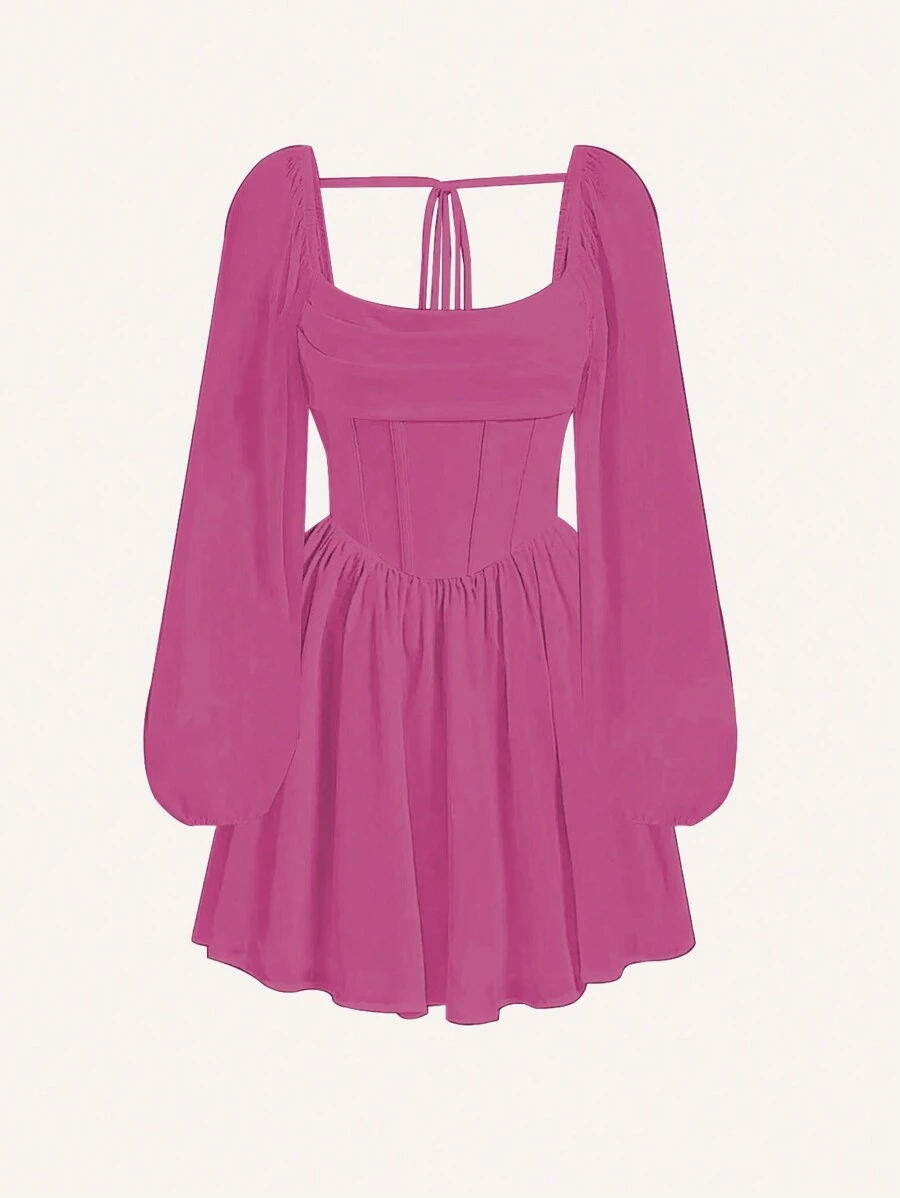 SHEIN Unity Vestido De Manga De Linterna De Color Sólido - Rosa Fucsia - Ver 1