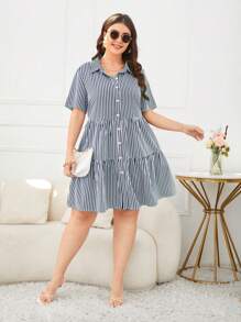 Calvaya Plus Size Women's Short Sleeve Striped Shirt Dress, For Summer