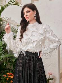 Modelyn Solid Color Cutout Embroidery Tassel Lantern Sleeve Shirt - Apricot - View 1