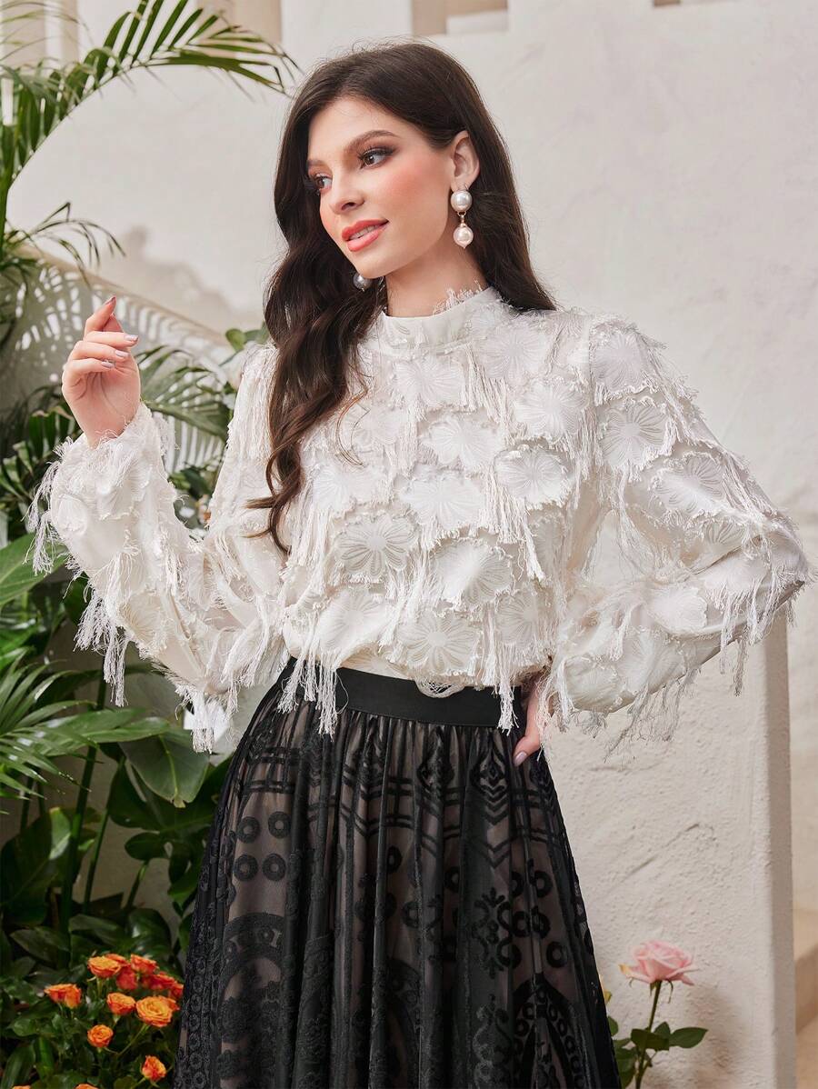 Modelyn Solid Color Cutout Embroidery Tassel Lantern Sleeve Shirt - Apricot - View 1