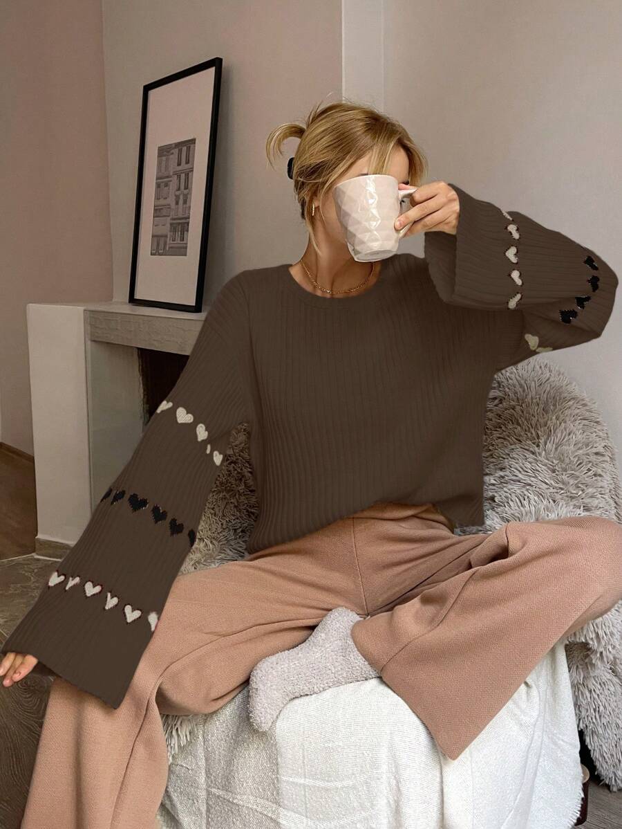 EURMUSE Women's Heart Pattern Round Neck Long Sleeve Sweater - Brown - View 1