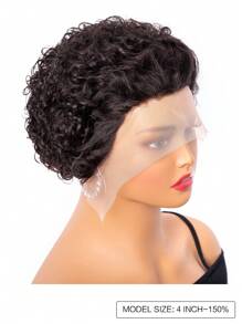 Transparent Lace Water Wave Pixie Cut 12 X 1 Curly Lace Frontal Wigs 150% Density 4 Inch Natural Black Color Pre-Plucked Natural Hairline Human Hair