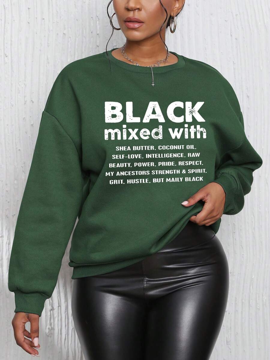 SHEIN EZwear 標語圖案落肩袖運動衫 - 綠色 - 查看 1