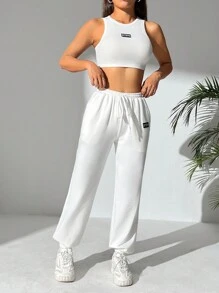 SHEIN PETITE Của phụ nữ Patch Áo vest Áo ba lỗ Và Trở viền Quần Bộ - trắng - Xem 5