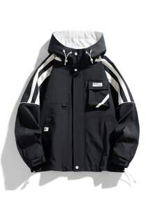 Men's Letter Print Striped Zip Front Hooded Jacket, Fall - Black - View 1