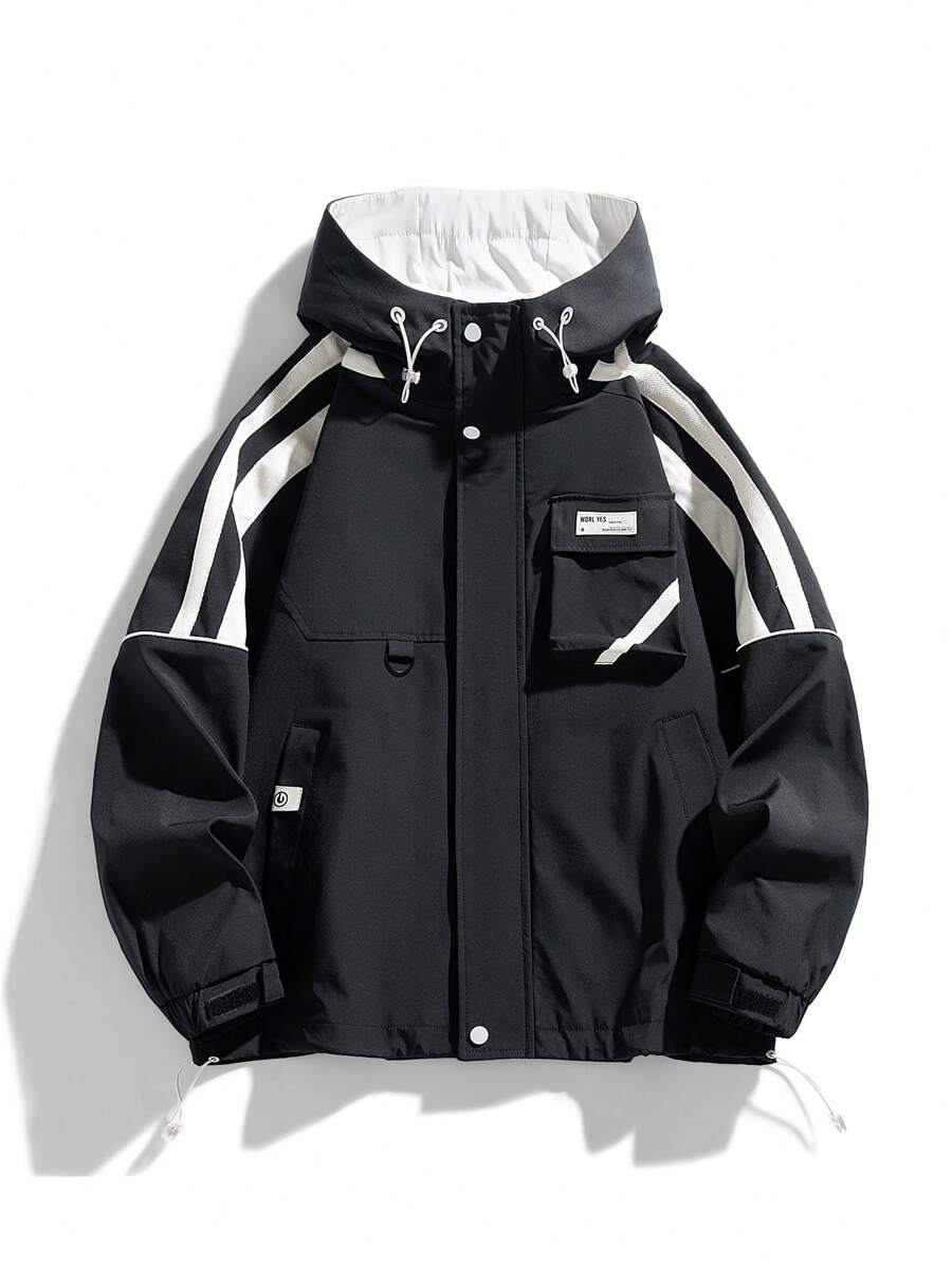 Men's Letter Print Striped Zip Front Hooded Jacket, Fall - Black - View 1