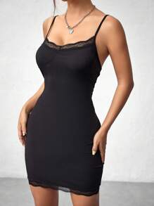 SHEIN Unity Màu thuần Ren Cắt tỉa Quần bó Dây đeo Mì Ý  Đầm - màu đen - Xem 1