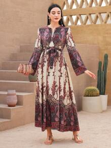 Mulvari Vintage Printed Flare Sleeve Dress - Red - View 1