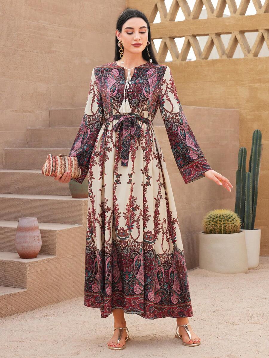 Mulvari Vintage Printed Flare Sleeve Dress - Red - View 1