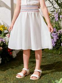 SHEIN Trẻ Cô gái Đầy màu sắc Đàn hồi Dây thắt lưng Xếp li Giải trí Váy chữ A - trắng - Xem 3