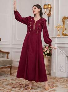 Al Najma 勃艮第红钻石装饰灯笼袖荷叶边下摆连衣裙 - 酒紅色 - 查看 4