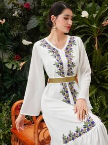 Al Najma 女式刺繡拼接v領衫袖a字裙 - 白色 - 查看 4