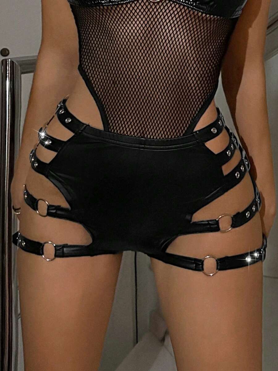 SHEIN ICON Side Belt Buckle Decorated Fitted Mini Shorts - Black - View 1