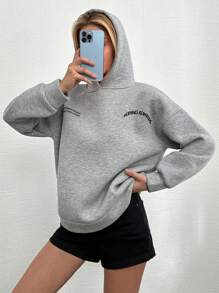 SHEIN Cottnline Letter Graphic Drop Shoulder Hoodie - Light Grey - View 4