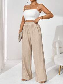 SHEIN Essnce Solid Color Textured Elastic Waist Wide Leg Pants - Brown - View 3