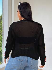 Flirla 大尺碼女鉤針鏤空開襟衫 - 黑色 - 查看 2