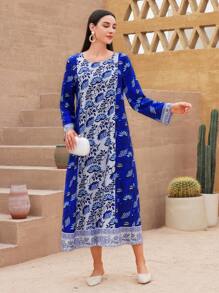Al Najma Flower Printed Loose Round Neck Dress - Blue - View 6