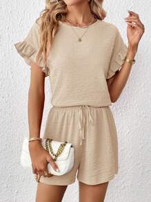 SHEIN Essnce Women's Solid Color Round Neck Short Sleeve Top And Shorts Set - Apricot - View 3