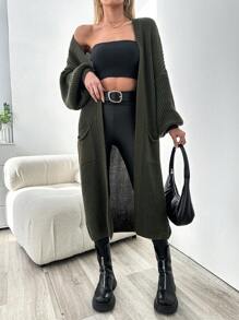 EURMUSE Ladies' Mid-Length Open Front Cardigan With Patch Pockets - Army Green - View 1