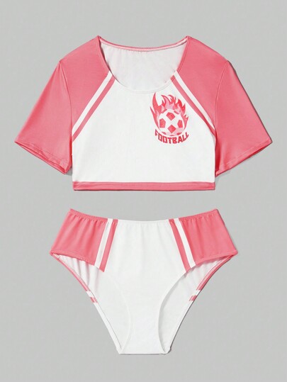 Street Life Color-Block Football & Letter Printed Athleisure Bra And Panties Set