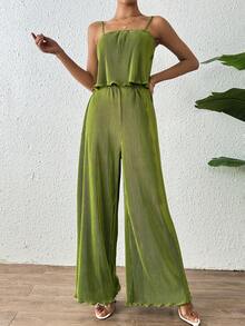 SHEIN Unity 有紋路摺褶背心上衣和彈性腰寬腿長褲套裝 - 綠色 - 查看 4