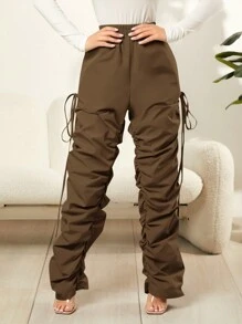 SHEIN SXY High Waist Drawstring Side Striped Pants - Coffee Brown - View 3