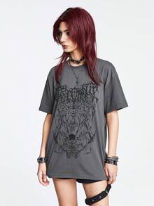 ROMWE Grunge Punk Casual Loose Skull Moth Gothic Letter Print Women's T-Shirt - Grey - View 5