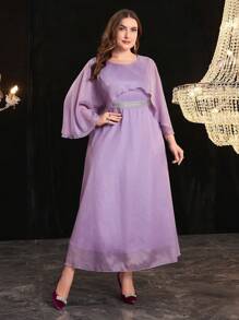 Modelyn Plus Size Fashion Solid Color Patchwork Cape Dress Long Evening Dresses - Pink - View 5