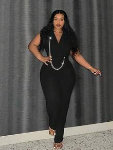 Slaydiva Plus Size Chain Decor Sleeveless Top And Pants Set - Black - View 2