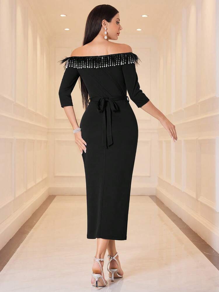 Women's Pearl Decor Off Shoulder Split Hem Dress Long Evening Dresses