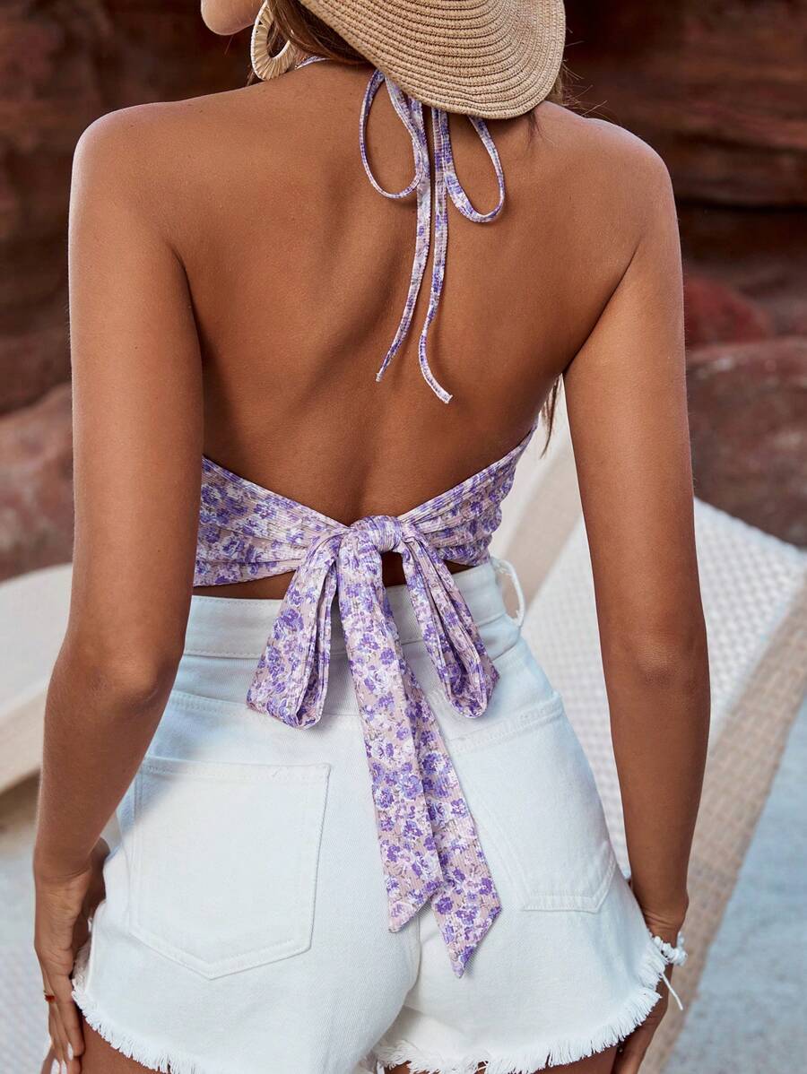 SHEIN VCAY Của phụ nữ Hoa Halter Neck Áo - Màu tím - Xem 1