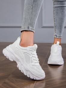 女款運動前厚底運動鞋,日常系列女式時尚白色女鞋厚底拼色圖案繫帶女式厚底鞋輕便透氣女式運動鞋戶外運動鞋女式網球鞋 - 白色 - 查看 3