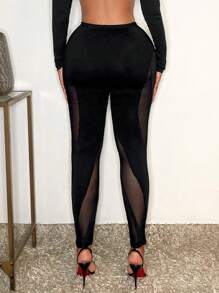 SHEIN SXY Women's Sexy Black Mesh Splice Leggings - Black - View 2