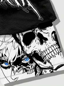 ROMWE MEN Anime Men's 2 In 1 Breathable With Slogan Print Basketball Mesh Shorts, Suitable For Daily Wear In Spring And Summer, School - Black and White - View 5