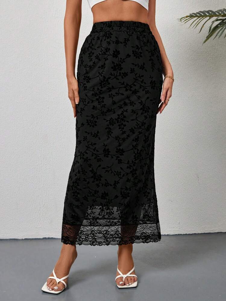 Women's Lace Patchwork Fish Tail Hem Midi Skirt