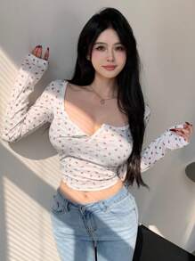 DAZY Floral Printed Half Sleeve Crop Top T-Shirt Long Sleeve Women Tops,Fall Women Clothes