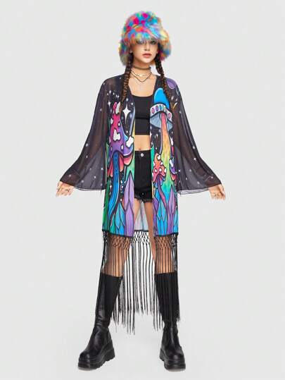 ThisUniqueVibe Mushroom Spaceship Psychedelic Hippie Print Mesh Fringe Top