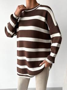 SHEIN Cottnline Striped Pattern Drop Shoulder Sweater - Black - View 5