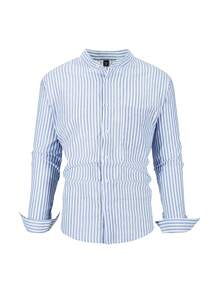 Manfinity Homme 男士加大碼條紋長袖襯衫，釦扣純棉休閒襯衫 - 彩色 - 查看 4