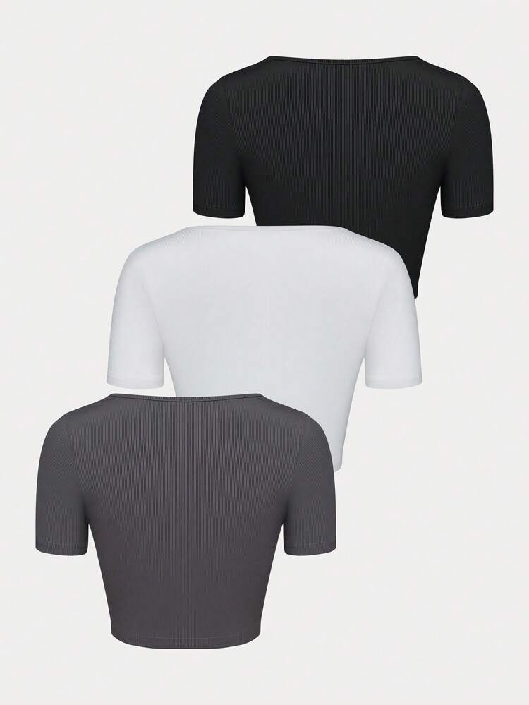 Women's 3pcs Button Half-Open Collar Ribbed Knit T-Shirt