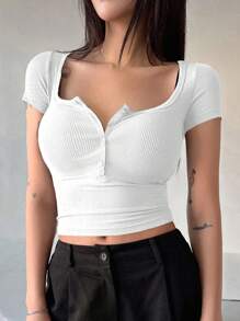 DAZY Women's Button-Front Half Placket Ribbed Knit T-Shirt - White - View 4