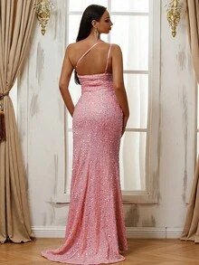 粉色露背亮片性感晚礼服