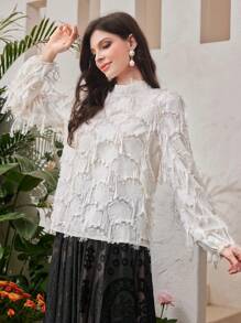 Modelyn Solid Color Cutout Embroidery Tassel Lantern Sleeve Shirt - Apricot - View 4