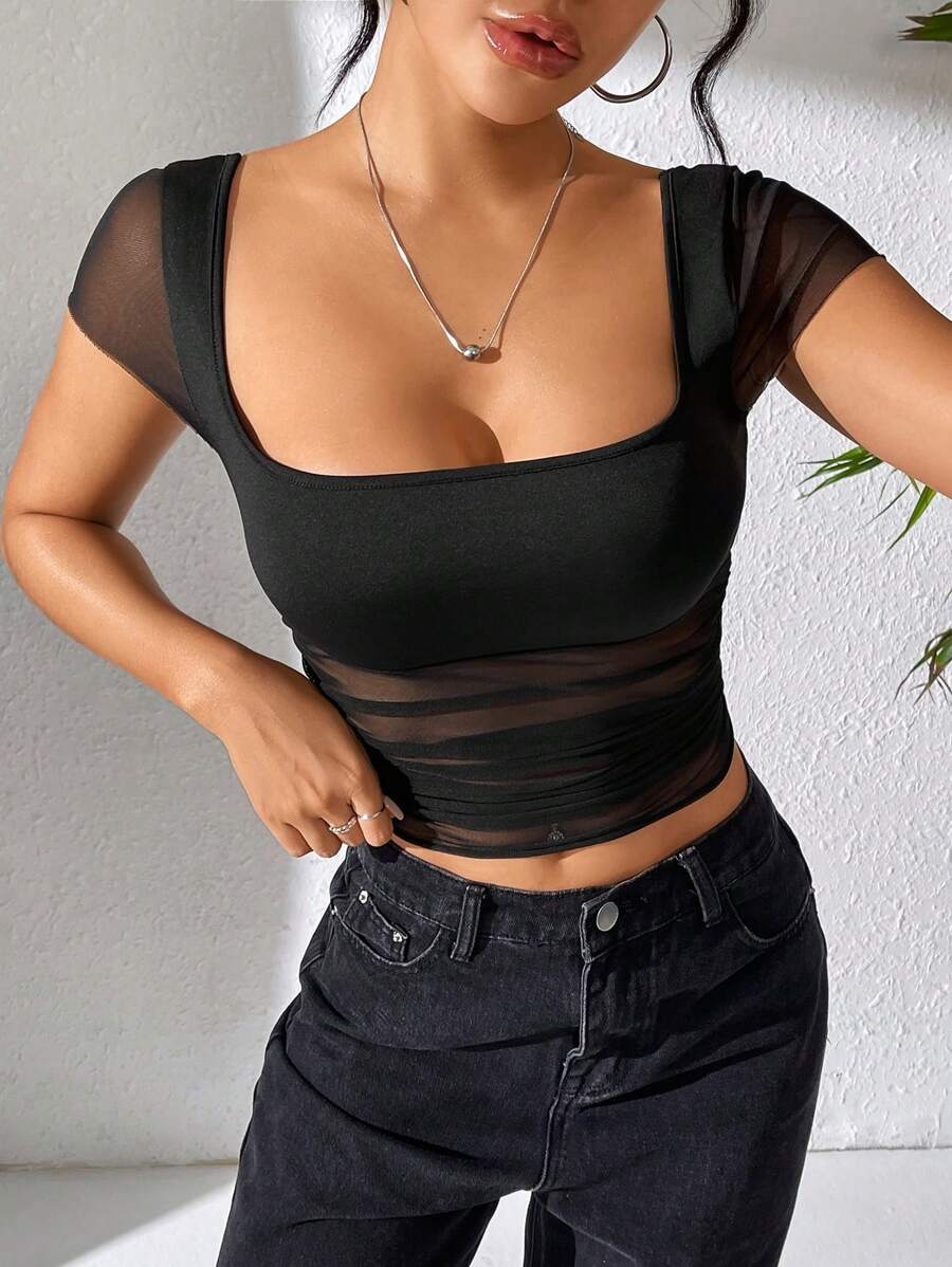 SHEIN PETITE Solid Color Mesh Splice Slim Fit Top - Black - View 1