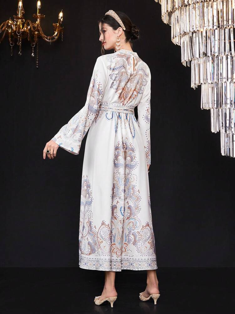 Women's Stand Collar Long Sleeve Belted Dress