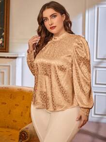 Modelyn Plus Size Women's Leopard Print Jacquard Puff Sleeve Shirt - Camel - View 4