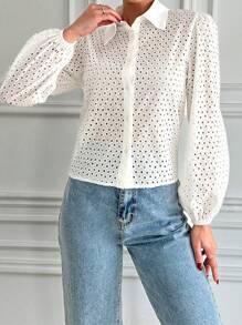 EURMUSE Women'S Hollow Embroidered Button Open Lantern Sleeve Shirt - White - View 3